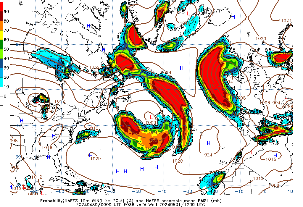 NAEFS 036 Hour Prob 10m Wind >= 20kt image