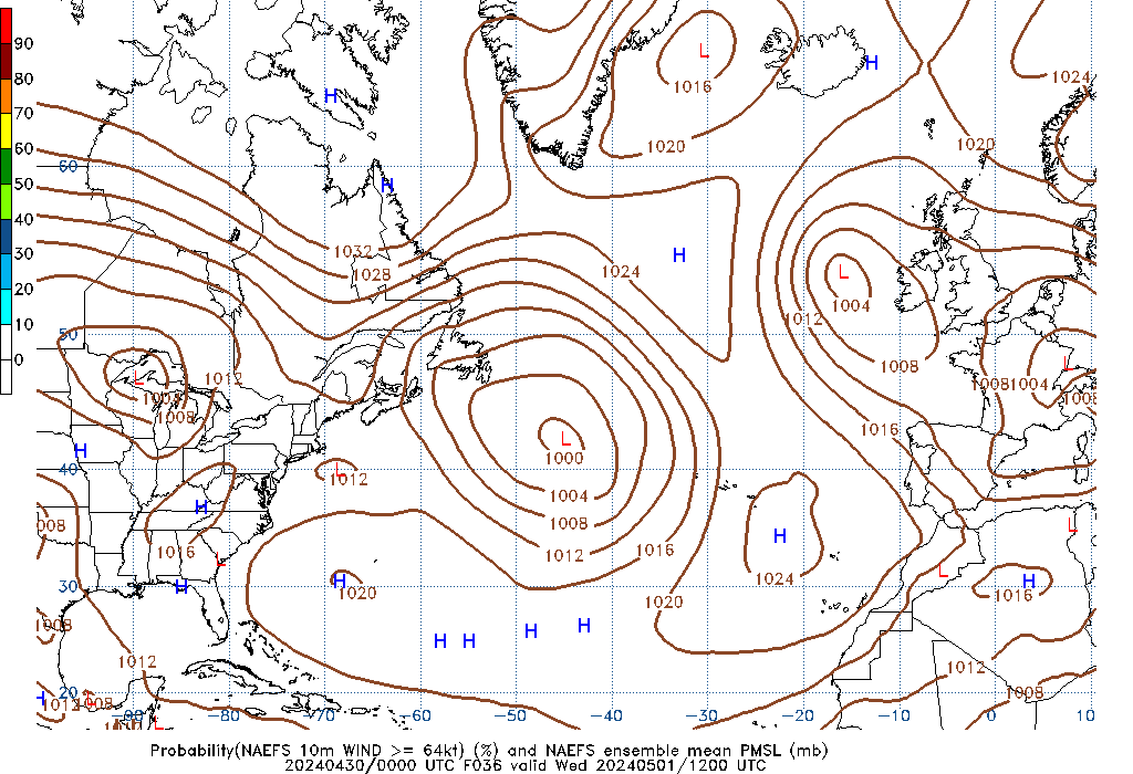 NAEFS 036 Hour Prob 10m Wind >= 64kt image