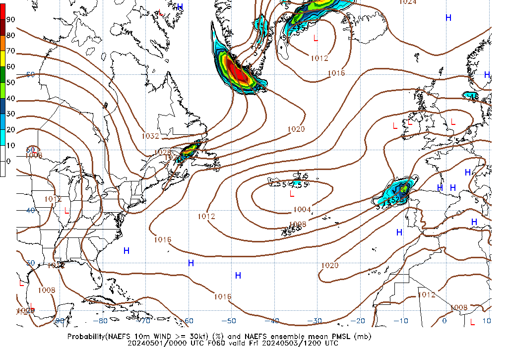 NAEFS 060 Hour Prob 10m Wind >= 30kt image