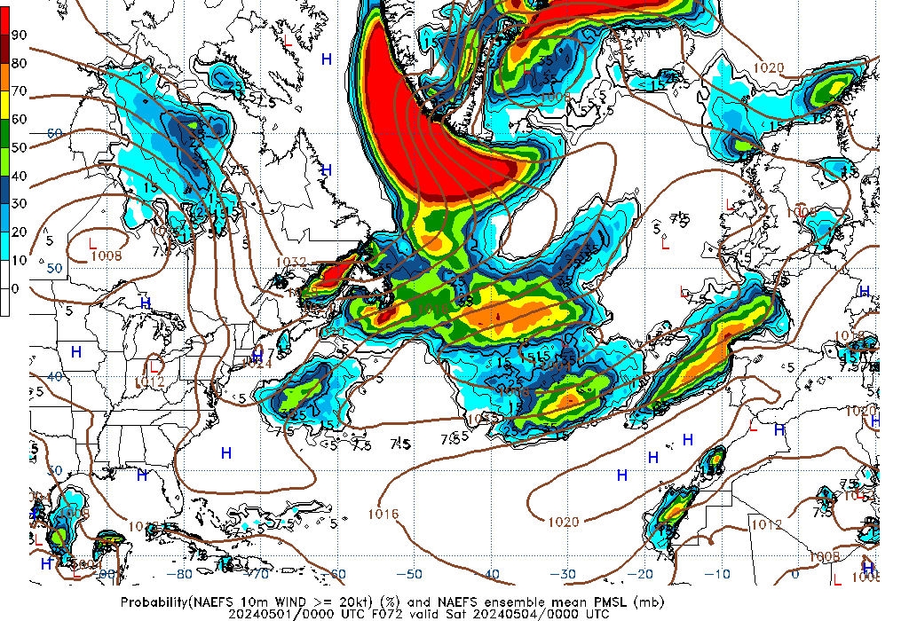 NAEFS 072 Hour Prob 10m Wind >= 20kt image