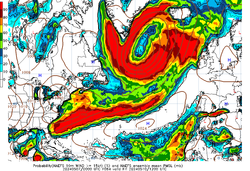 NAEFS 084 Hour Prob 10m Wind >= 15kt image
