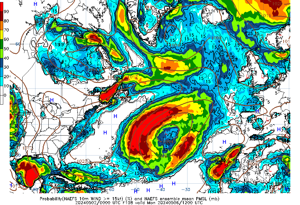 NAEFS 108 Hour Prob 10m Wind >= 15kt image
