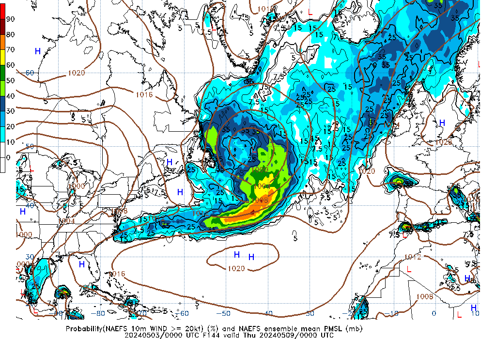 NAEFS 144 Hour Prob 10m Wind >= 20kt image