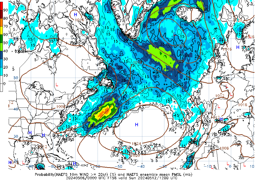 NAEFS 156 Hour Prob 10m Wind >= 20kt image