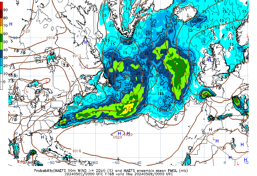 NAEFS 168 Hour Prob 10m Wind >= 20kt image