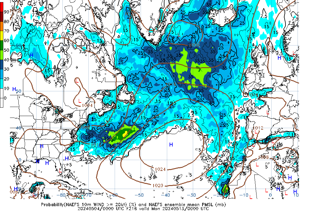 NAEFS 216 Hour Prob 10m Wind >= 20kt image