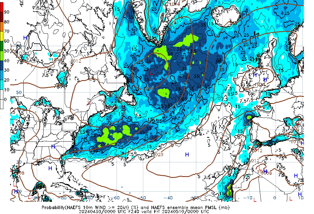 NAEFS 240 Hour Prob 10m Wind >= 20kt image