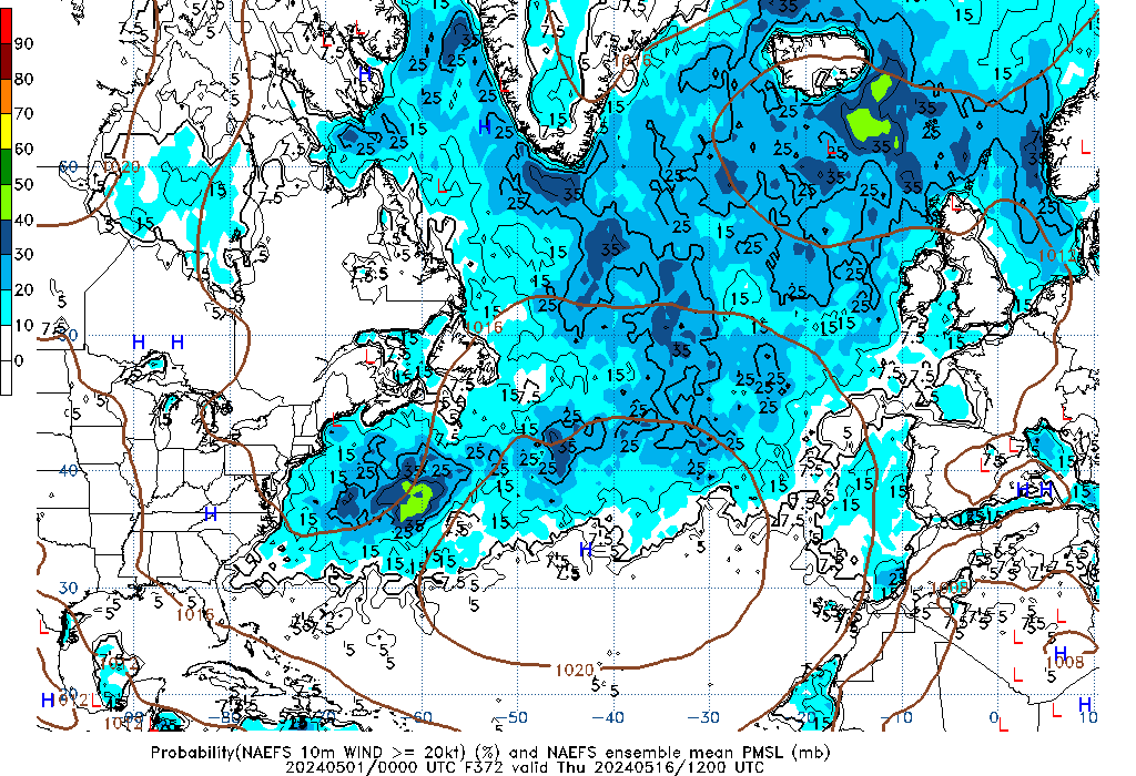 NAEFS 372 Hour Prob 10m Wind >= 20kt image