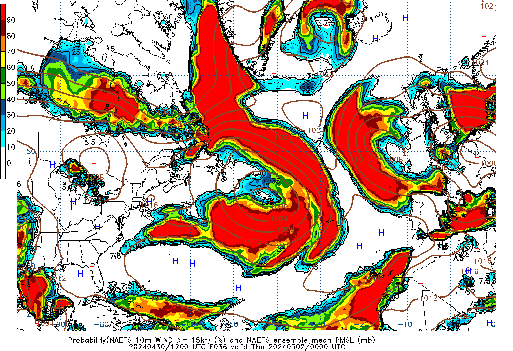 NAEFS 036 Hour Prob 10m Wind >= 15kt image