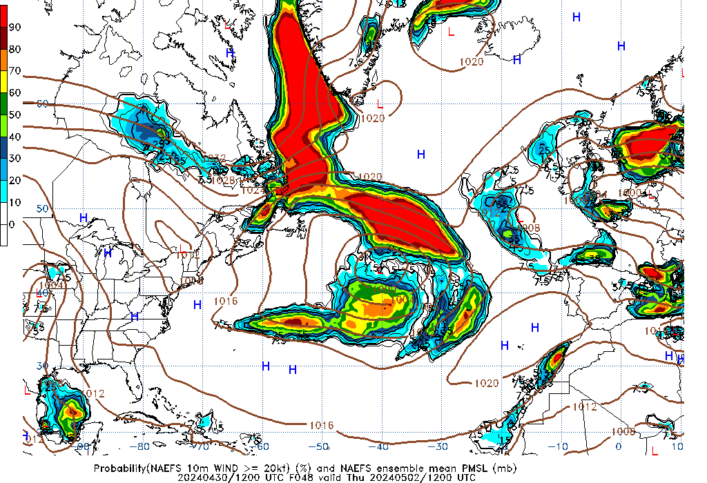 NAEFS 048 Hour Prob 10m Wind >= 20kt image