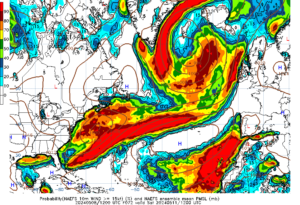 NAEFS 072 Hour Prob 10m Wind >= 15kt image
