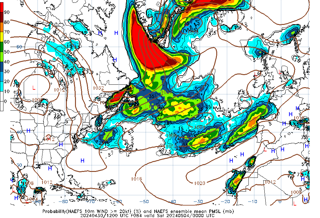 NAEFS 084 Hour Prob 10m Wind >= 20kt image