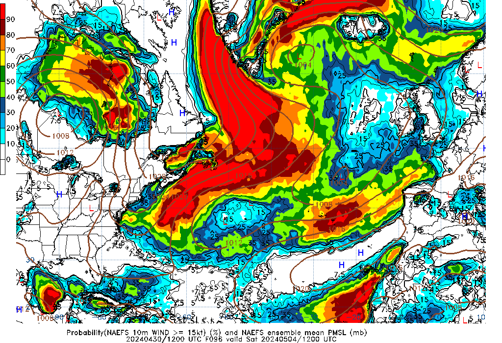 NAEFS 096 Hour Prob 10m Wind >= 15kt image