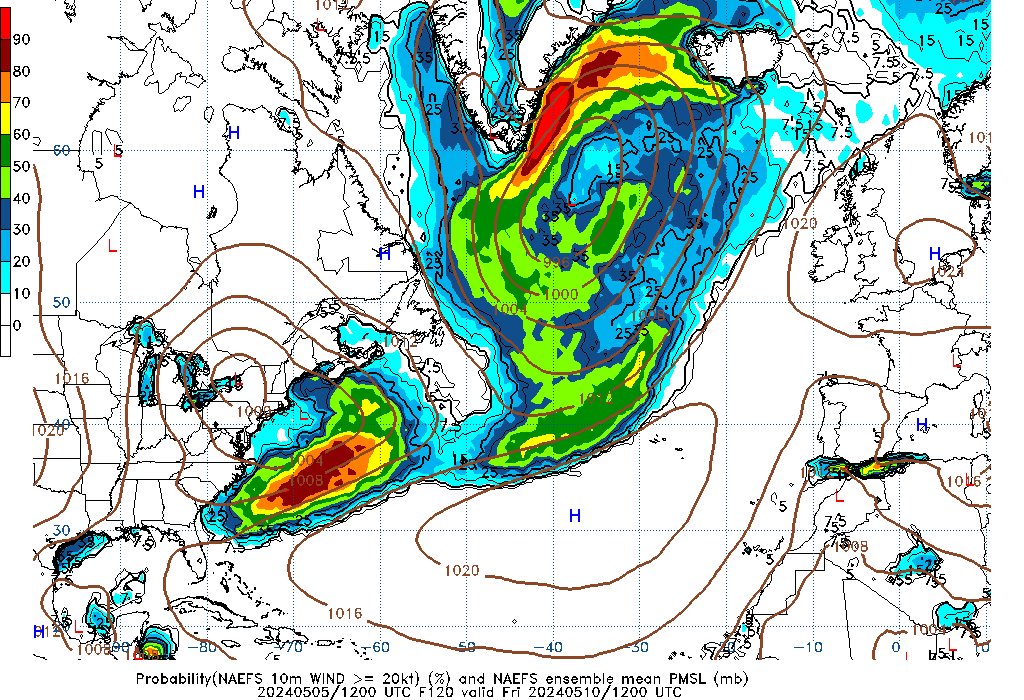 NAEFS 120 Hour Prob 10m Wind >= 20kt image
