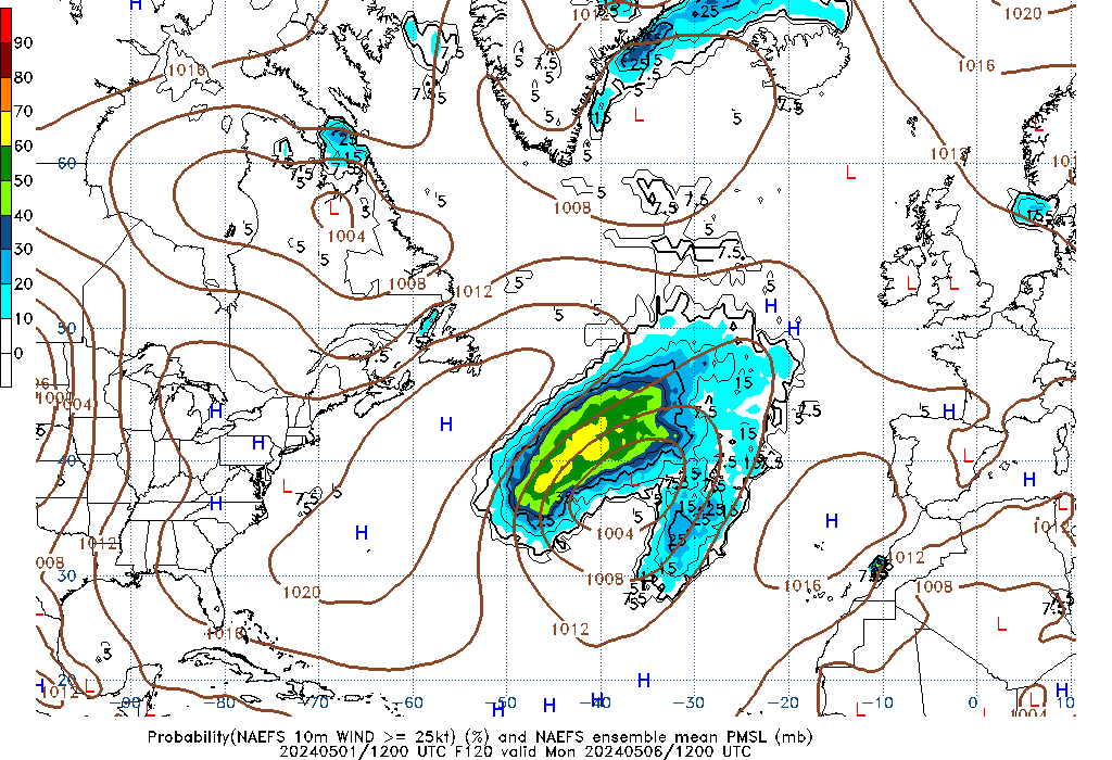 NAEFS 120 Hour Prob 10m Wind >= 25kt image