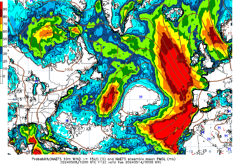 NAEFS 132 Hour Prob 10m Wind >= 15kt image