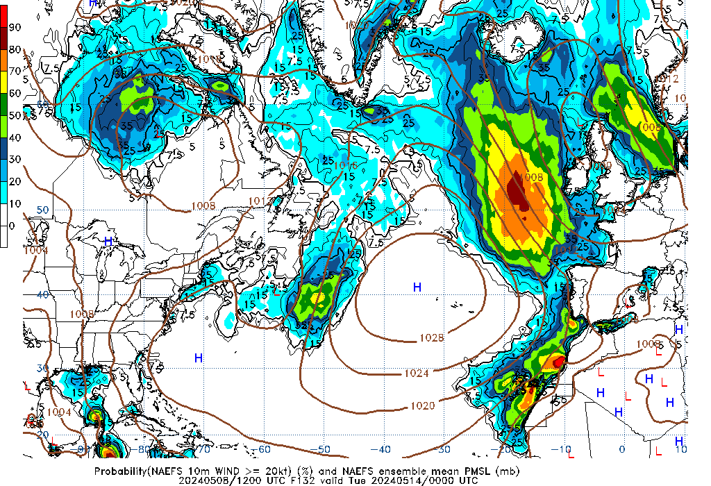 NAEFS 132 Hour Prob 10m Wind >= 20kt image