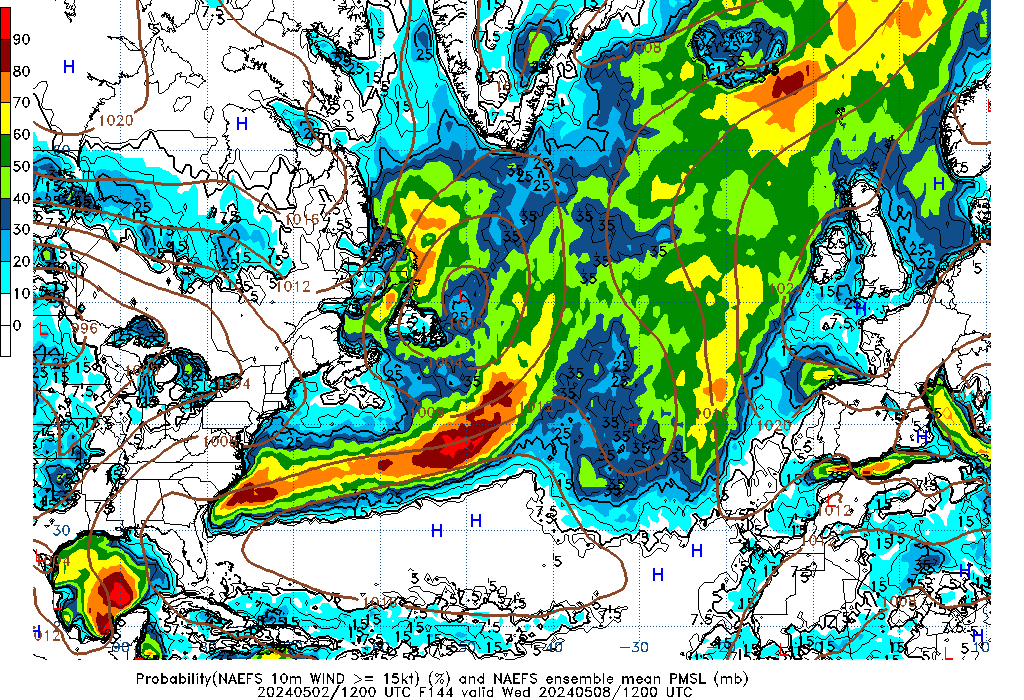 NAEFS 144 Hour Prob 10m Wind >= 15kt image