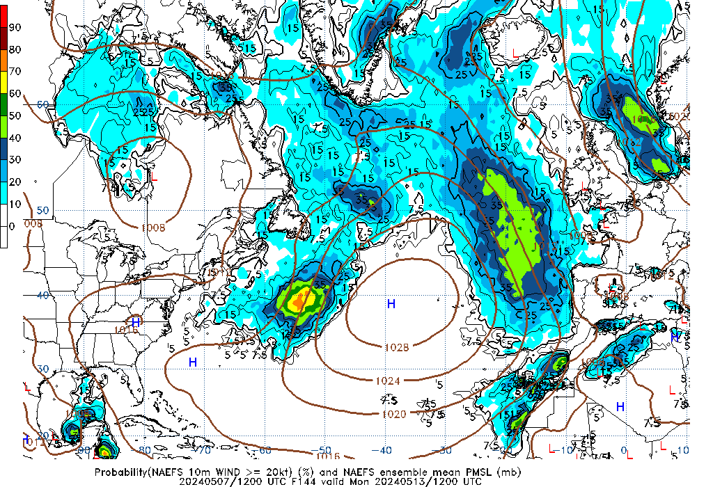 NAEFS 144 Hour Prob 10m Wind >= 20kt image