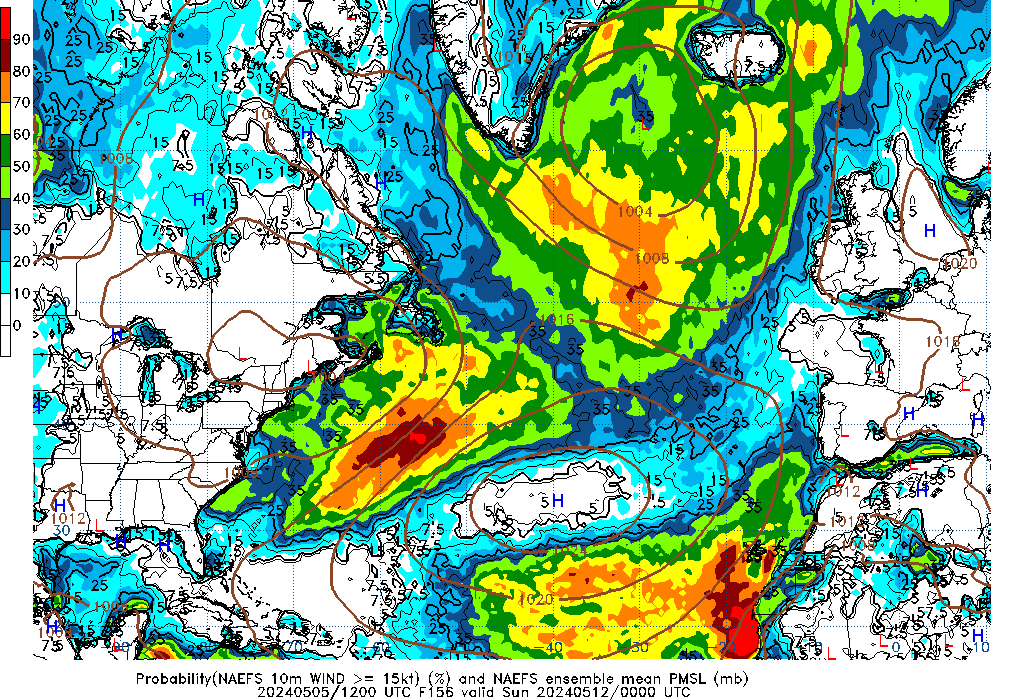 NAEFS 156 Hour Prob 10m Wind >= 15kt image
