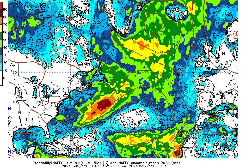 NAEFS 168 Hour Prob 10m Wind >= 15kt image