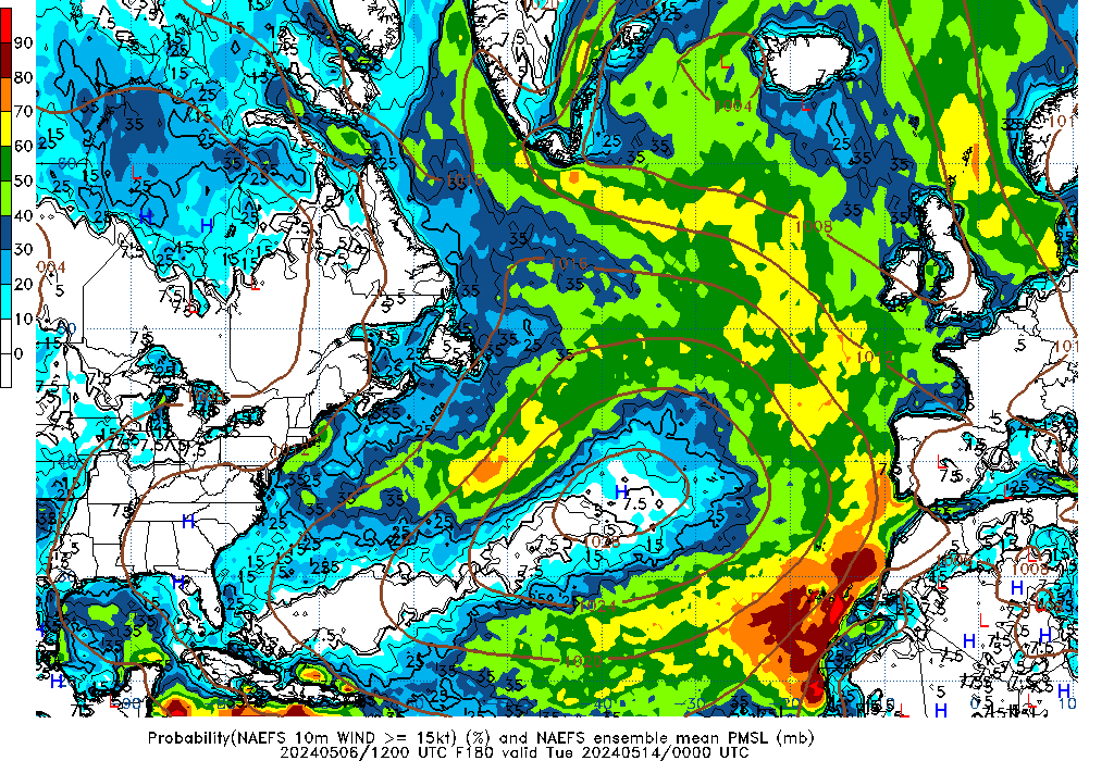 NAEFS 180 Hour Prob 10m Wind >= 15kt image