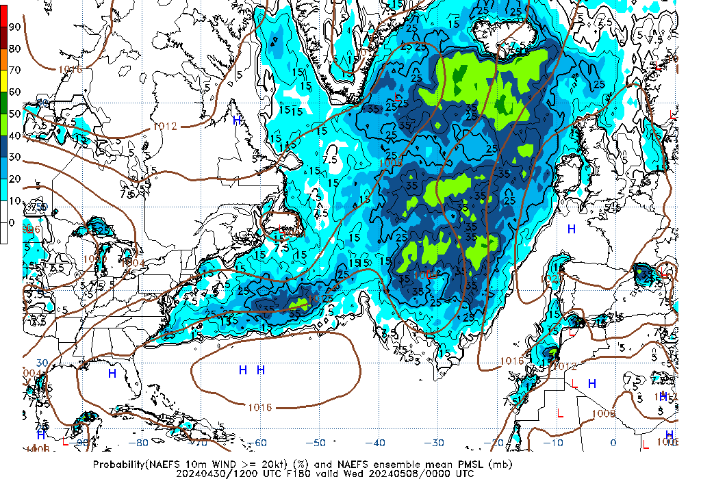 NAEFS 180 Hour Prob 10m Wind >= 20kt image