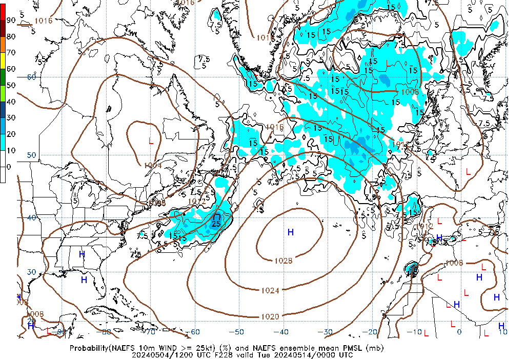 NAEFS 228 Hour Prob 10m Wind >= 25kt image