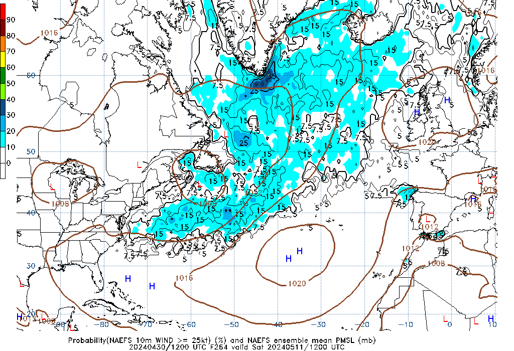 NAEFS 264 Hour Prob 10m Wind >= 25kt image