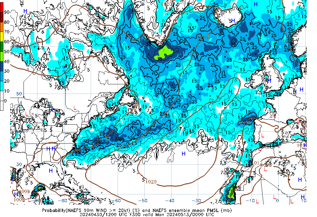 NAEFS 300 Hour Prob 10m Wind >= 20kt image