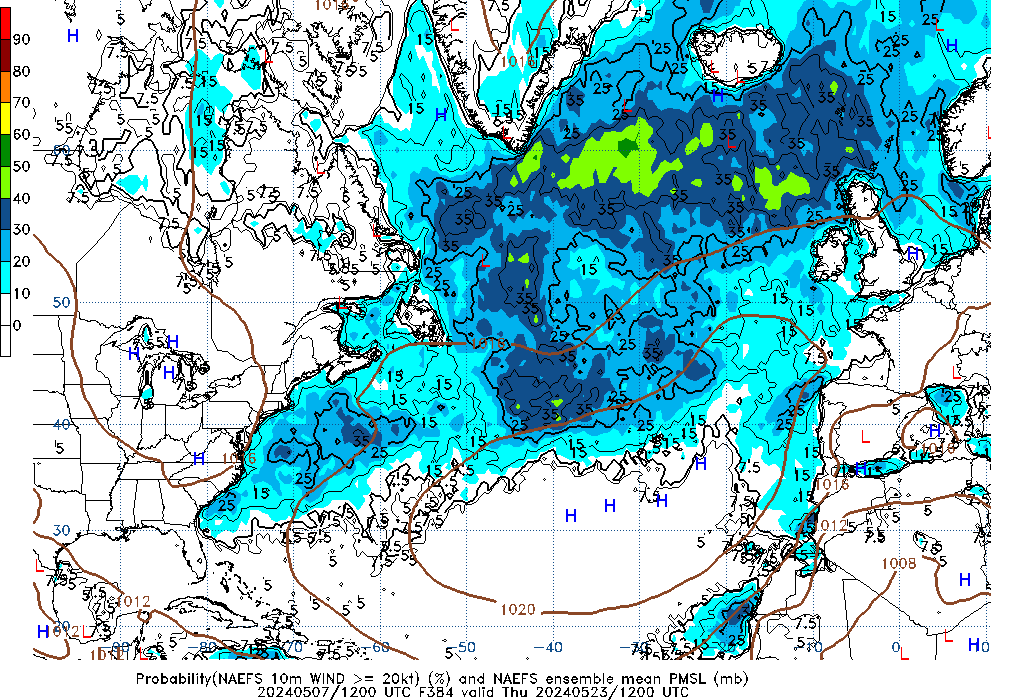 NAEFS 384 Hour Prob 10m Wind >= 20kt image