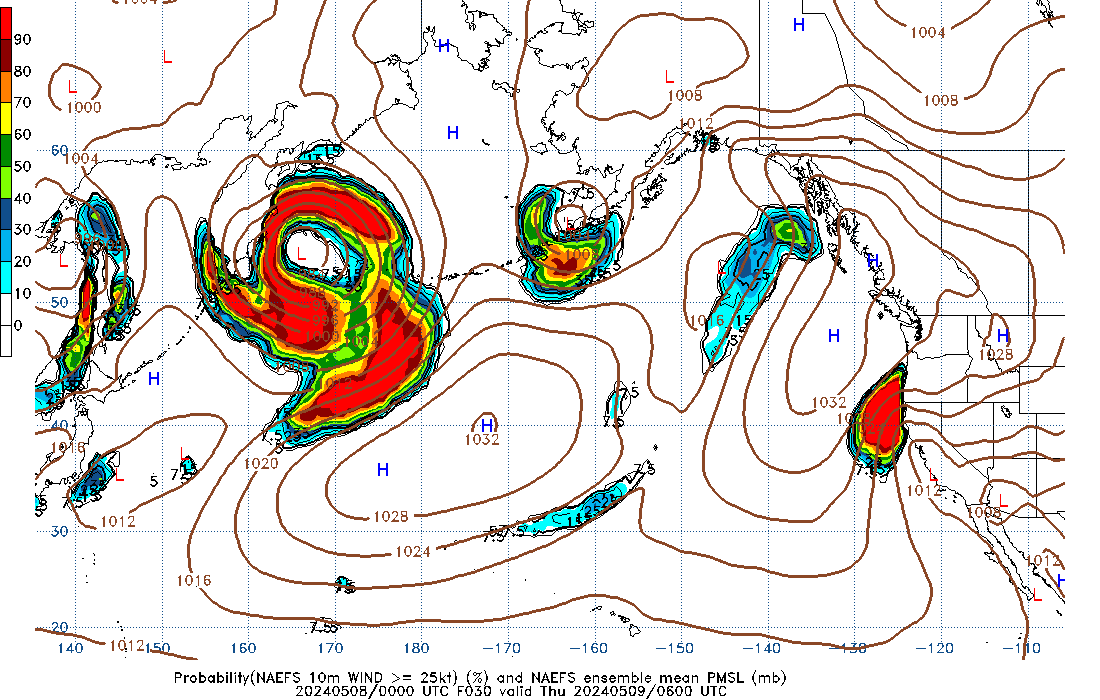 NAEFS 030 Hour Prob 10m Wind >= 25kt image