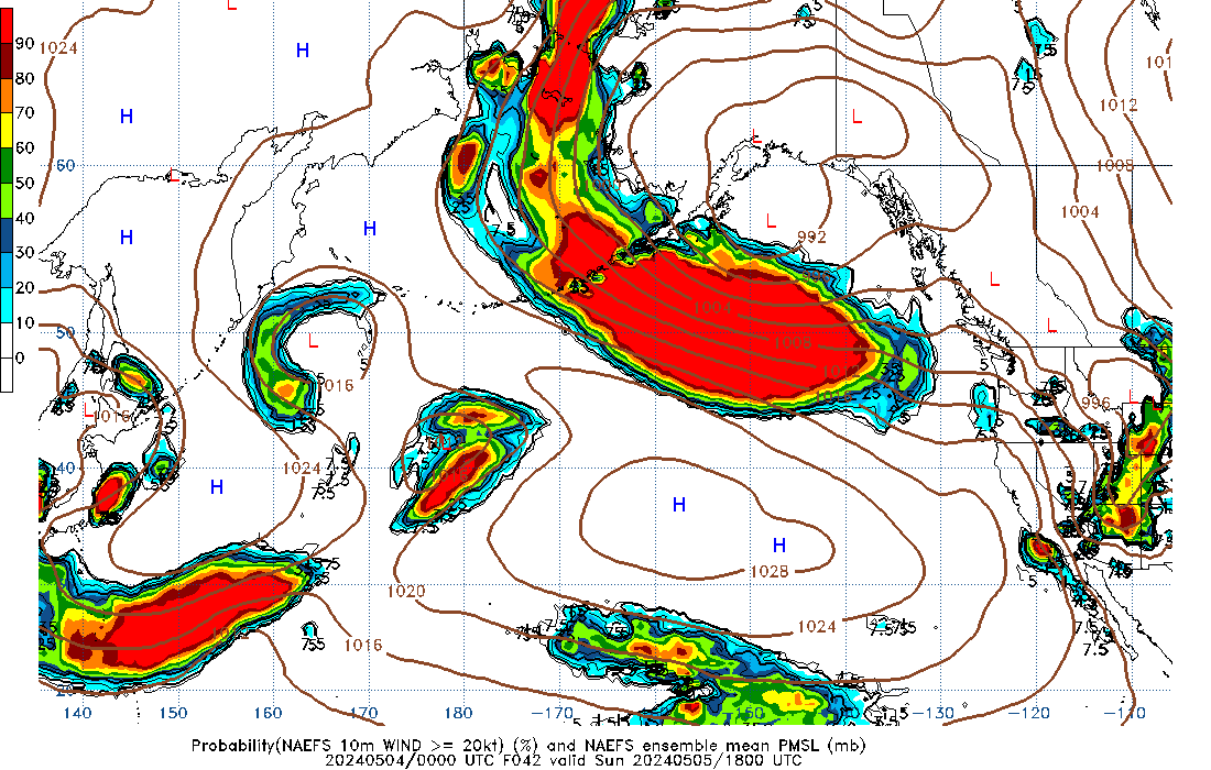 NAEFS 042 Hour Prob 10m Wind >= 20kt image