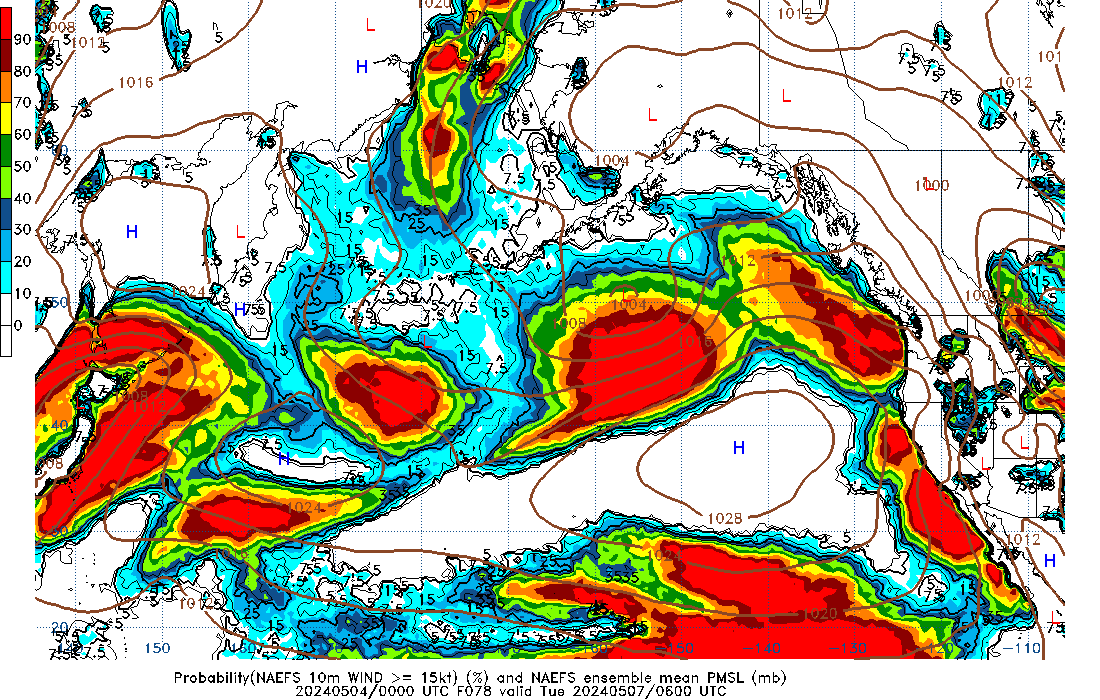 NAEFS 078 Hour Prob 10m Wind >= 15kt image