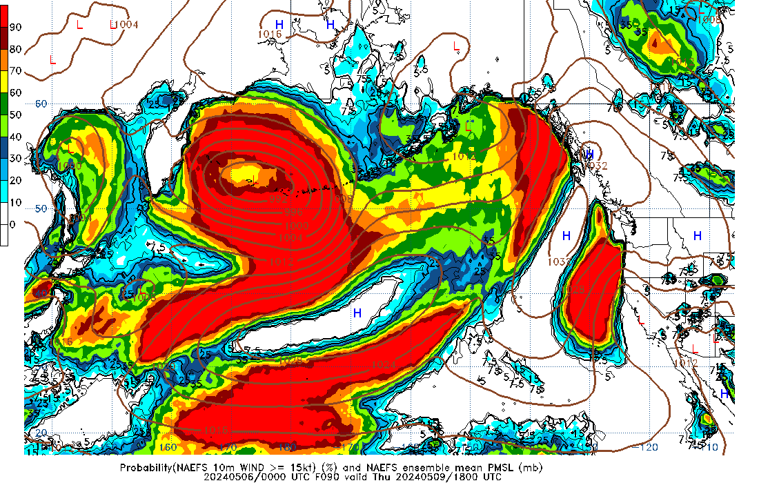 NAEFS 090 Hour Prob 10m Wind >= 15kt image
