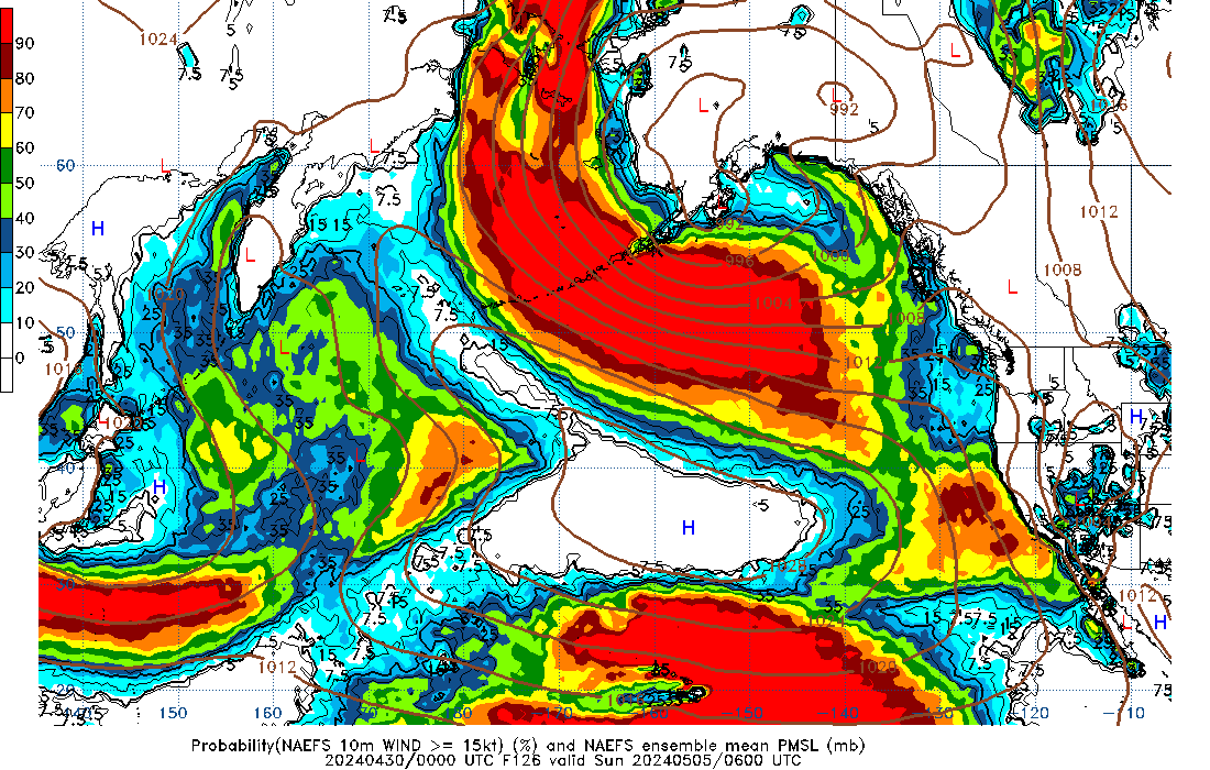 NAEFS 126 Hour Prob 10m Wind >= 15kt image