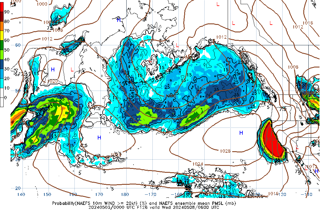 NAEFS 126 Hour Prob 10m Wind >= 20kt image