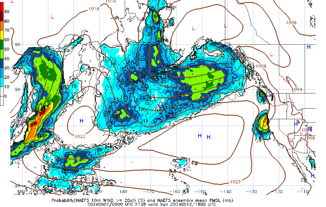 NAEFS 138 Hour Prob 10m Wind >= 20kt image