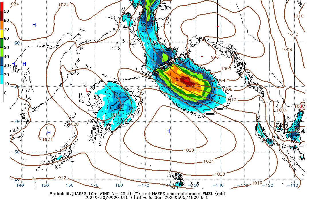 NAEFS 138 Hour Prob 10m Wind >= 25kt image