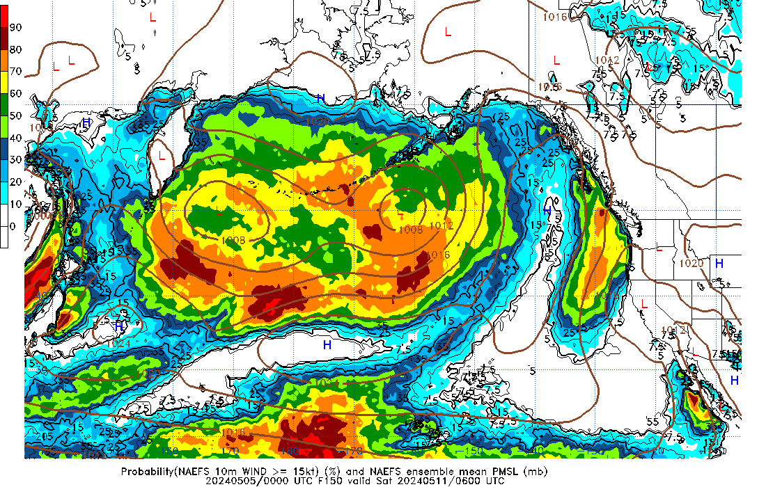 NAEFS 150 Hour Prob 10m Wind >= 15kt image