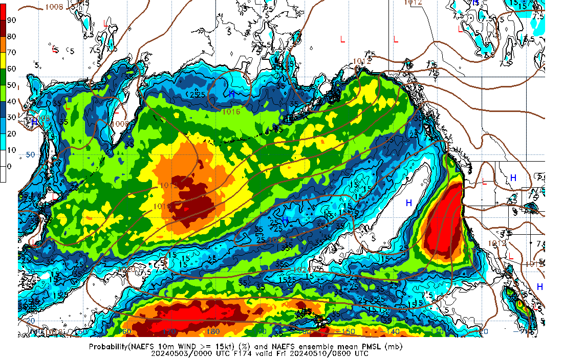 NAEFS 174 Hour Prob 10m Wind >= 15kt image