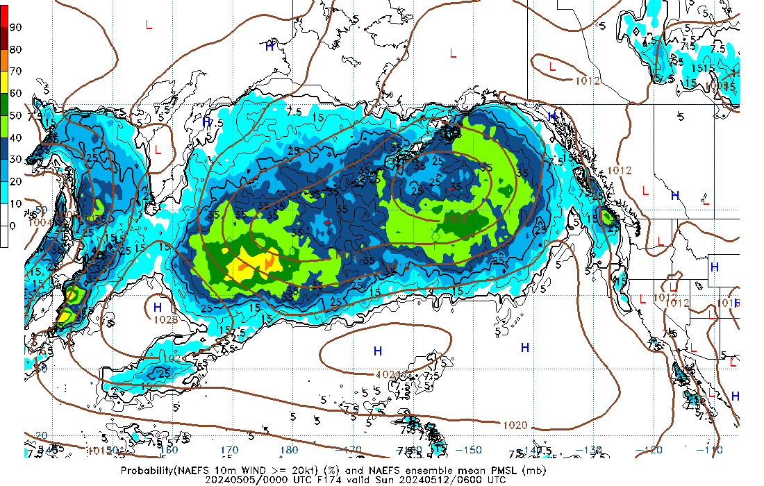 NAEFS 174 Hour Prob 10m Wind >= 20kt image