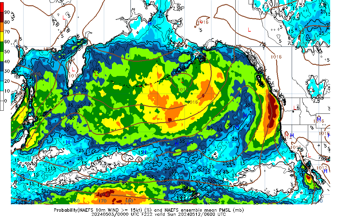 NAEFS 222 Hour Prob 10m Wind >= 15kt image