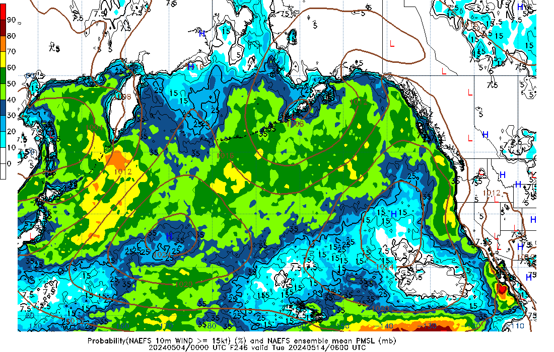 NAEFS 246 Hour Prob 10m Wind >= 15kt image