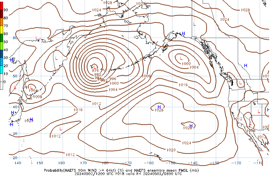 NAEFS 018 Hour Prob 10m Wind >= 64kt image