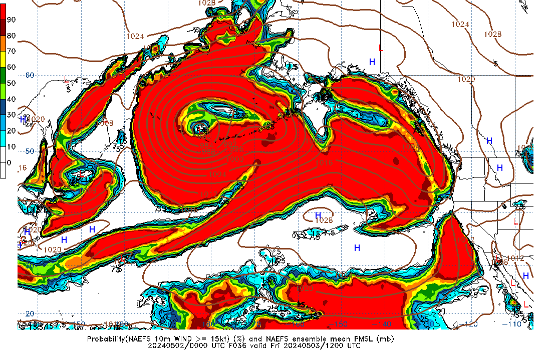 NAEFS 036 Hour Prob 10m Wind >= 15kt image