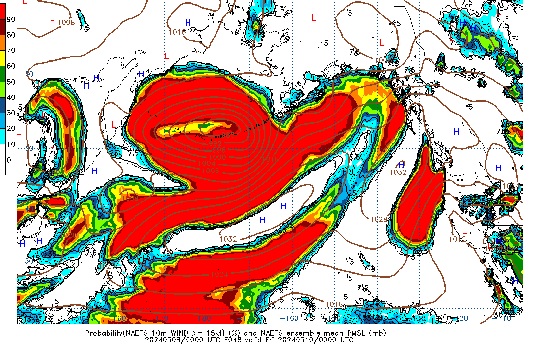 NAEFS 048 Hour Prob 10m Wind >= 15kt image