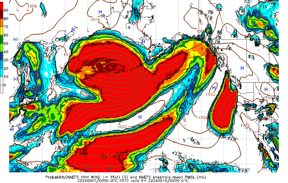 NAEFS 072 Hour Prob 10m Wind >= 15kt image