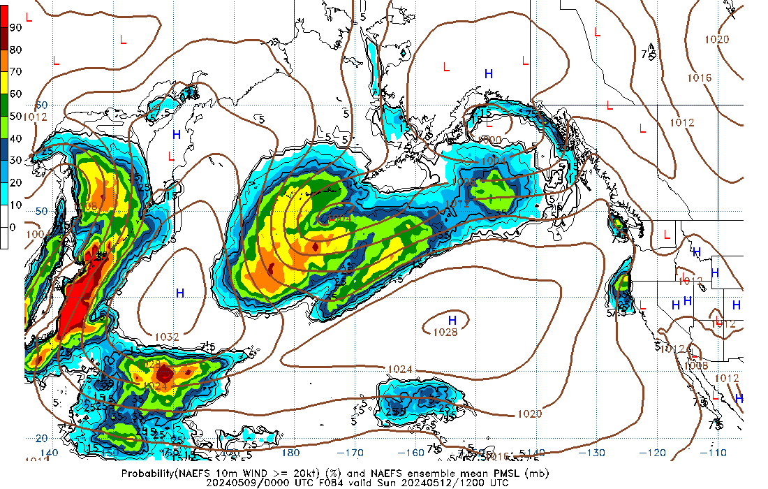 NAEFS 084 Hour Prob 10m Wind >= 20kt image