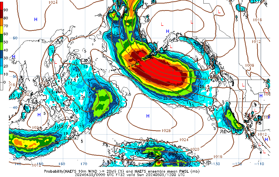 NAEFS 132 Hour Prob 10m Wind >= 20kt image